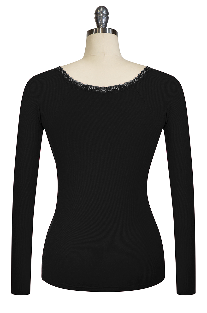 D'Amour Follies Scoop Neck Long Sleeve Top (Black) - Kitten D'Amour