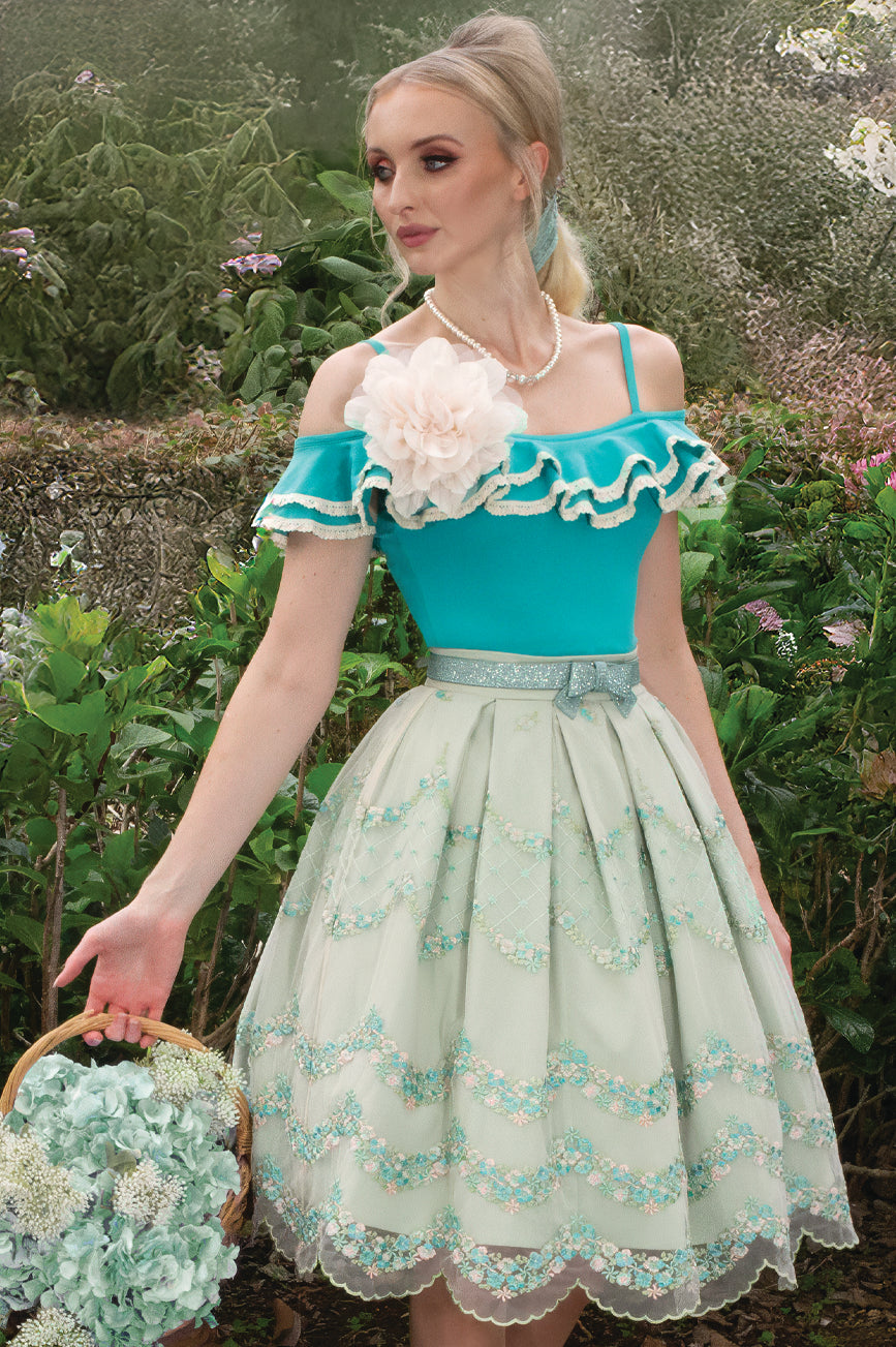 Elysian Flower Brooch Top (Teal) - Kitten D'Amour