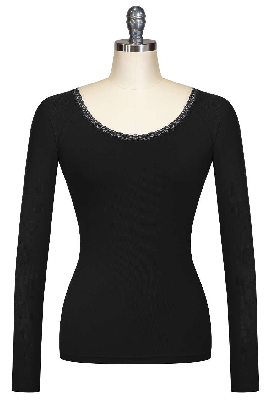 D'Amour Follies Scoop Neck Long Sleeve Top (Black) - Kitten D'Amour