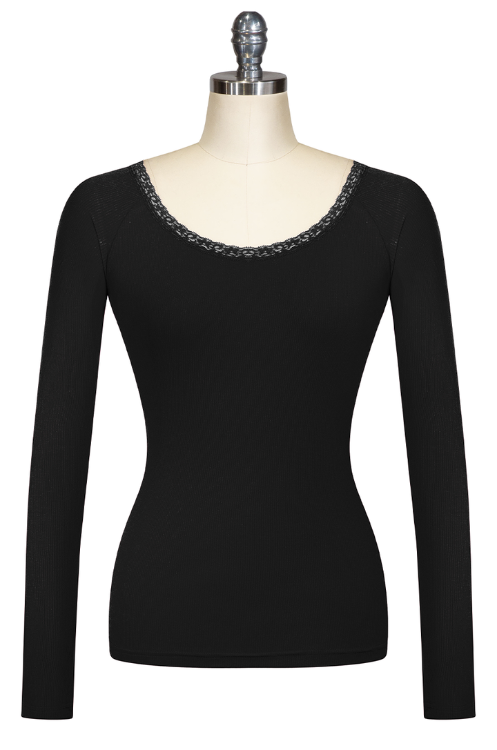 D'Amour Follies Scoop Neck Long Sleeve Top (Black) - Kitten D'Amour