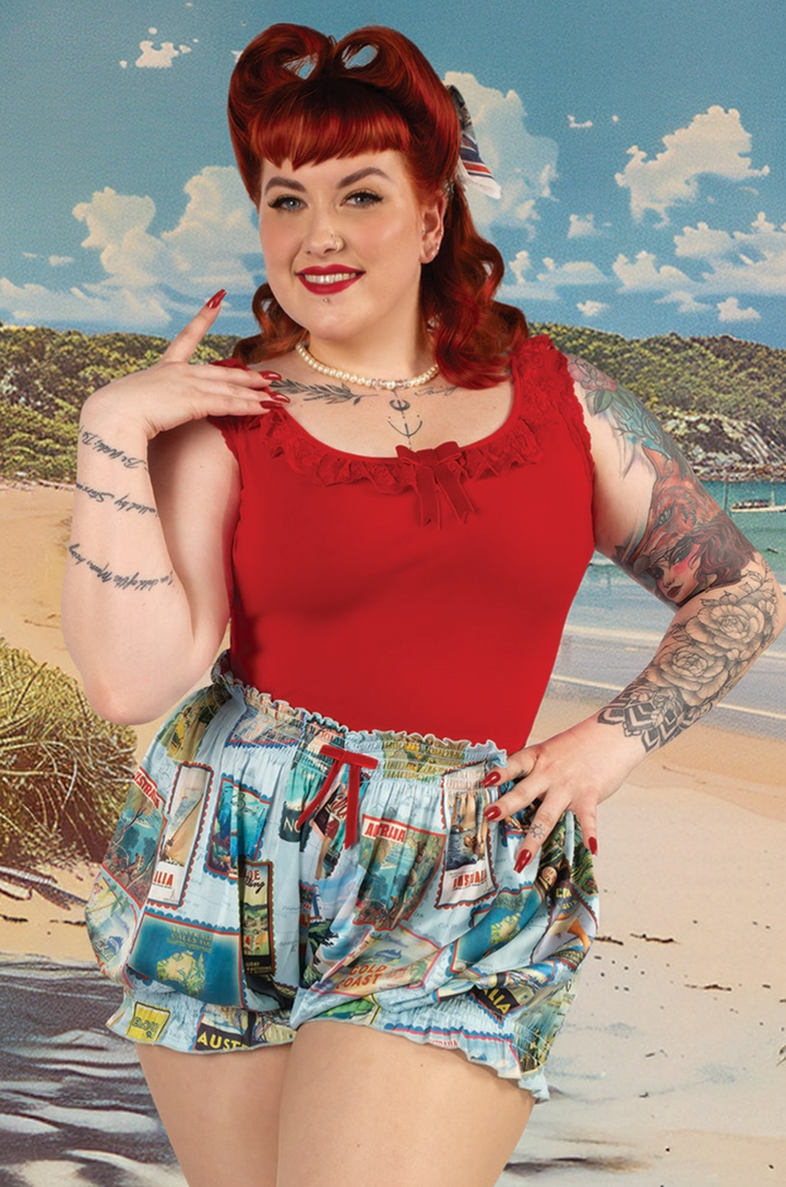 Wish You Were Here Madam Ruffle Singlet (Red) - Kitten D'Amour