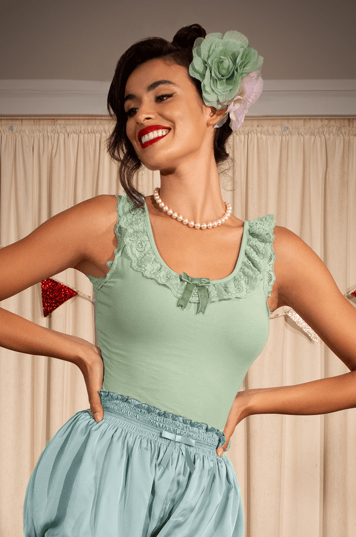 D'Amour Follies Madam Ruffle Singlet (Sage Green) - Kitten D'Amour