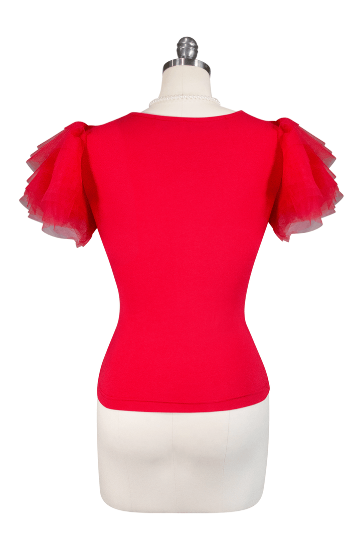 Tea Rose Tulle Sleeve Top (Red) - Kitten D'Amour