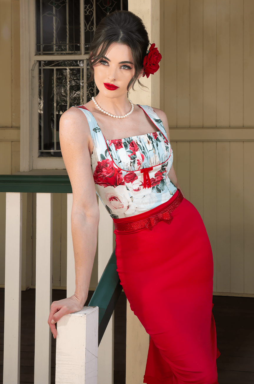 Tea Rose Wiggle Skirt (Red) - Kitten D'Amour