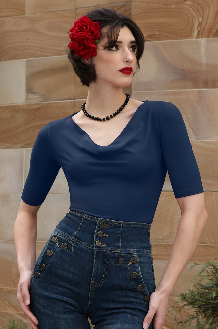 Manhattan Follies Cowl Neck Jersey Top (Navy)