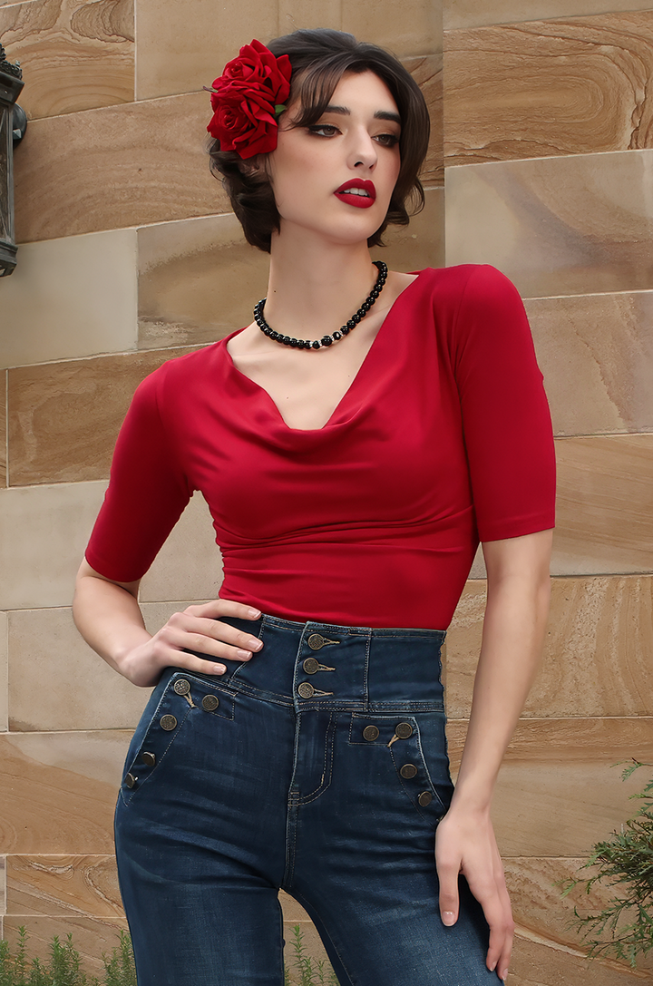 Manhattan Follies Cowl Neck Jersey Top (Red)