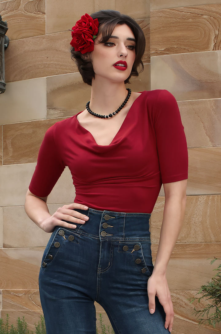 Manhattan Follies Cowl Neck Jersey Top (Red)