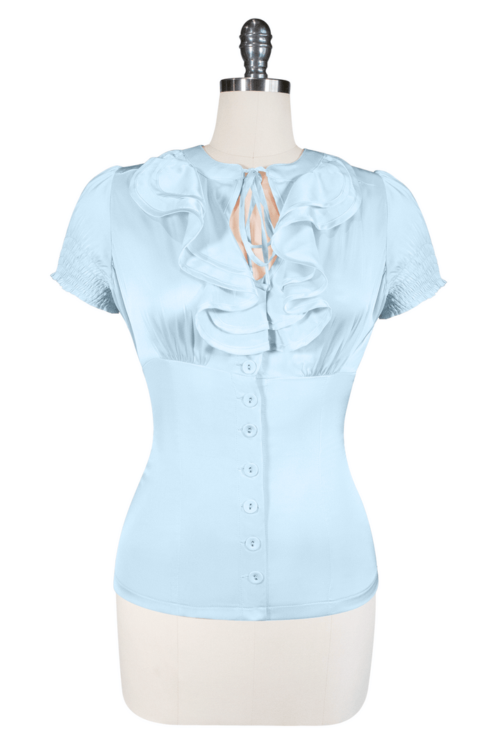 Tea Rose Frill Front Blouse (Blue) - Kitten D'Amour