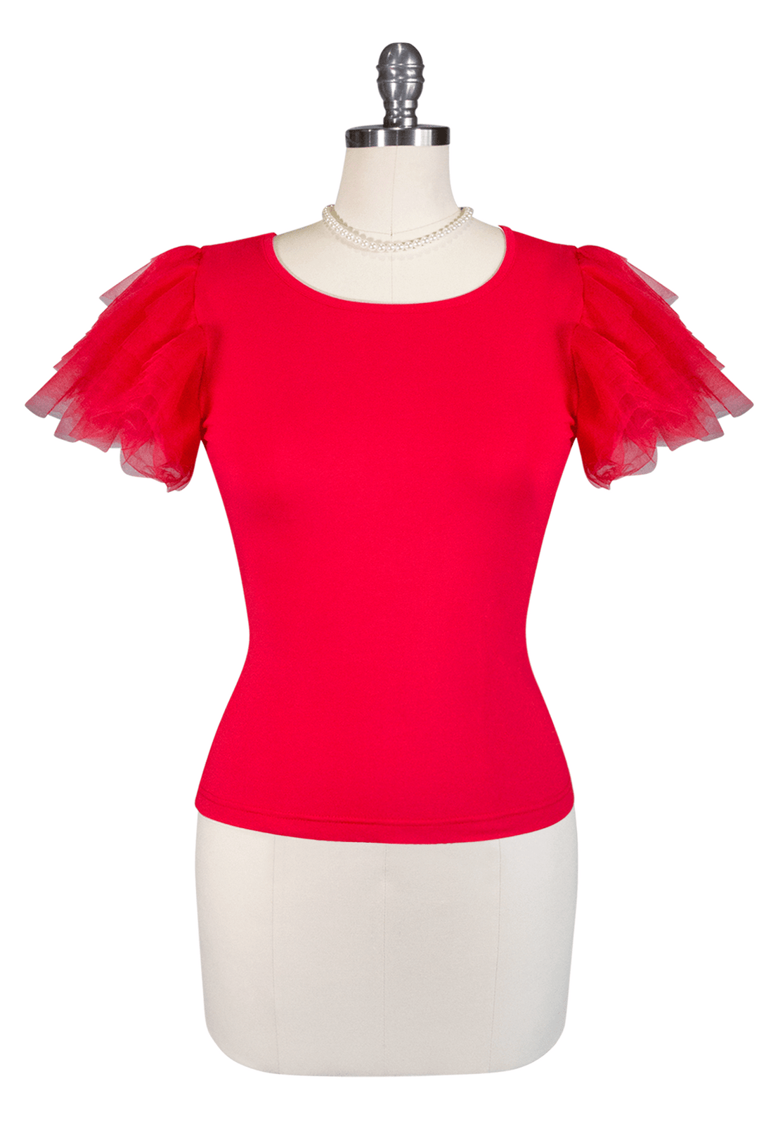 Tea Rose Tulle Sleeve Top (Red) - Kitten D'Amour