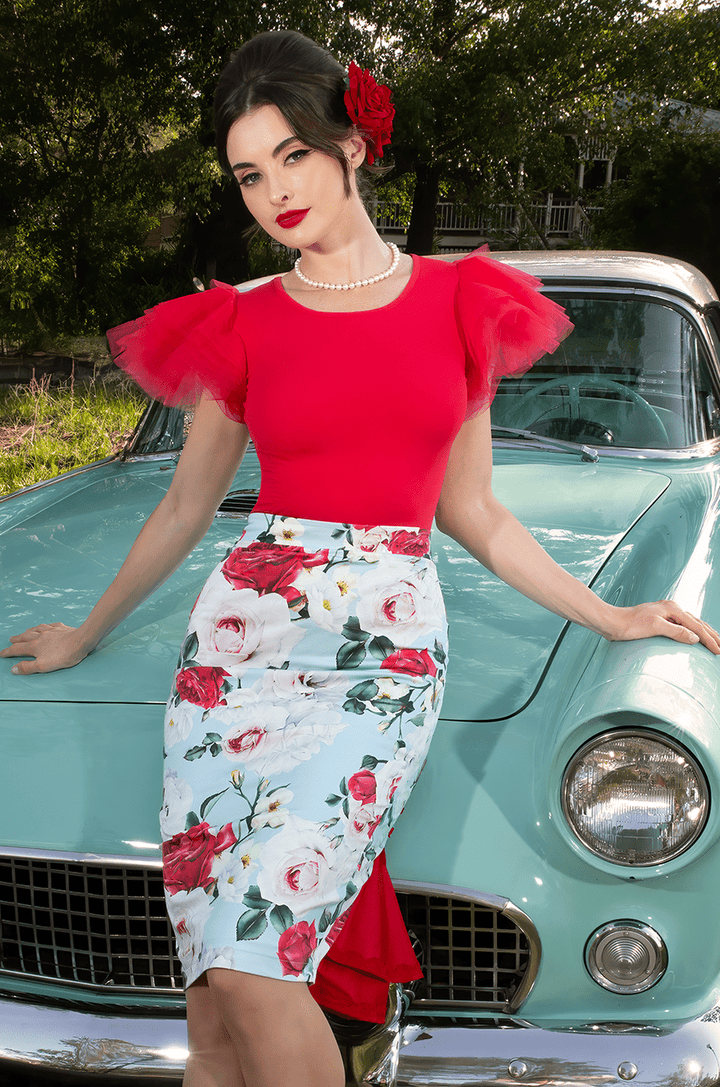 Tea Rose Wiggle Skirt (Print) - Kitten D'Amour