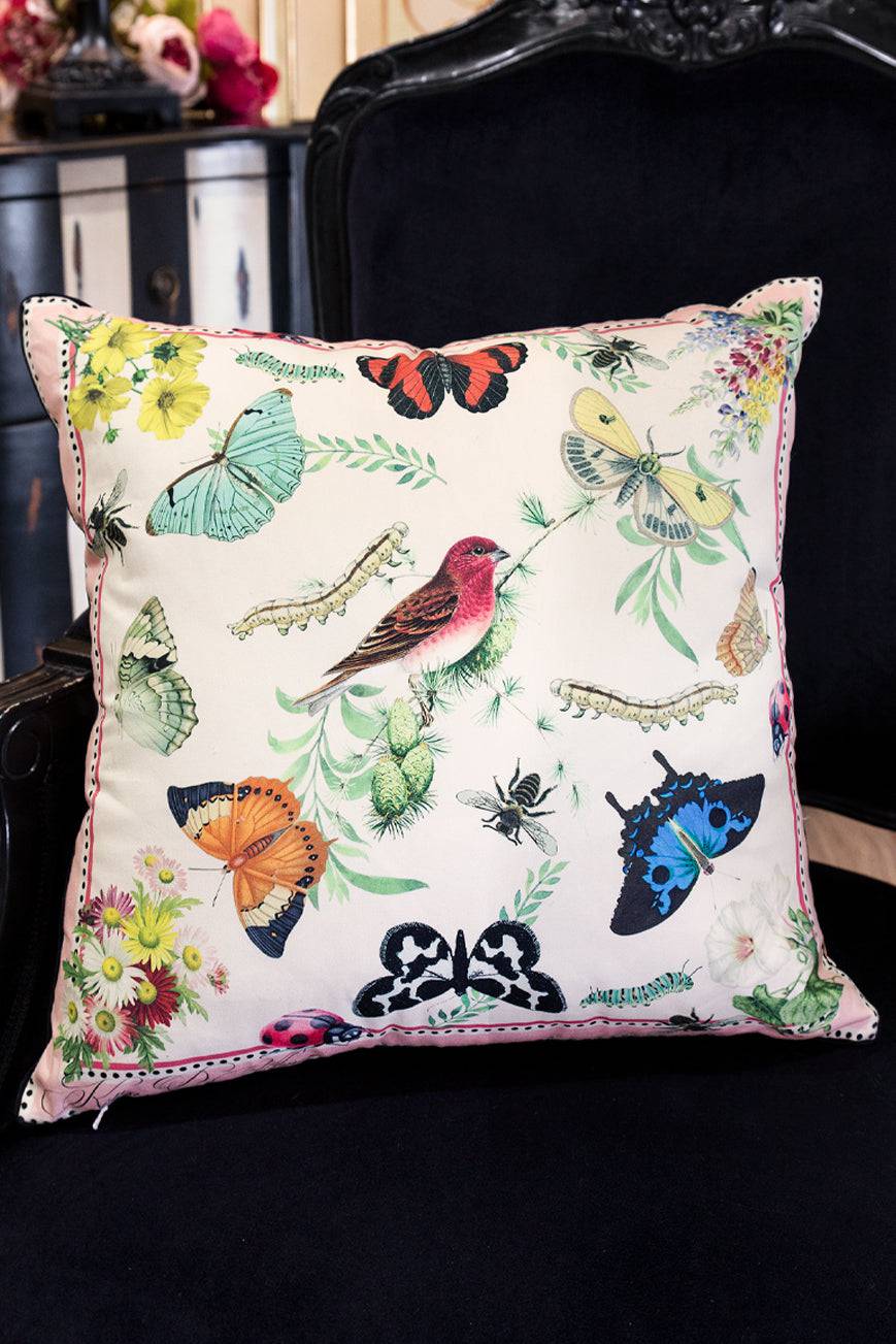 Butterfly Meadow Cushion (Black Piping) - Kitten D'Amour